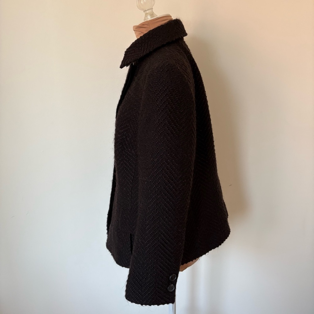 Akris Wool Blend Herringbone Woven Brown Hidden Button Placket Jacket Size US 12 - Picture 6 of 13